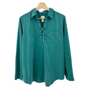 Chico's MEDIUM Green Brushed Matte lace Up Long Sleeve Blouse Top Shirt